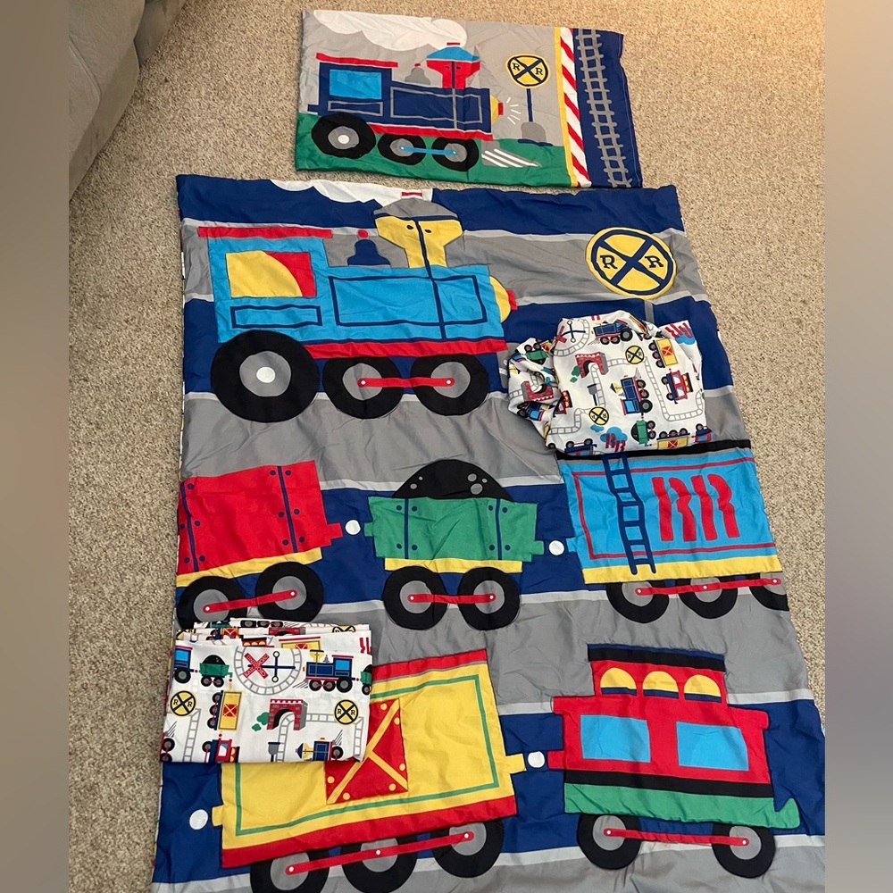 Train Railroad 4 Piece Crib Set Bedspread Fitted And Flat Sheet Pillow Sham